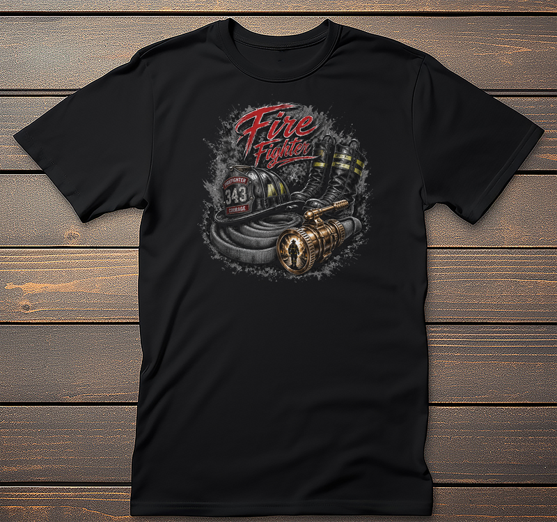 Fire Fighter Graphic Tee mockup on black t-shirt