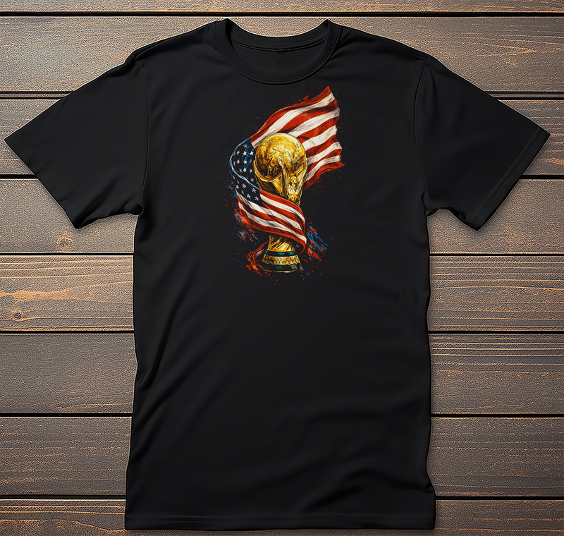 USA Soccer Trophy Graphic Tee mockup on black t-shirt