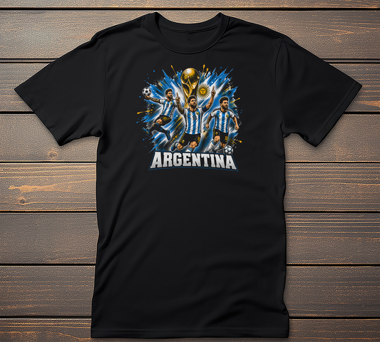 Argentina Soccer Graphic Tee mockup on black t-shirt