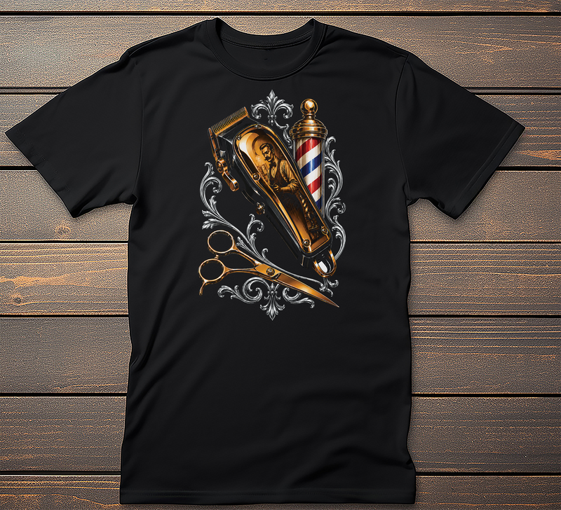 Barber Graphic Tee mockup on black t-shirt