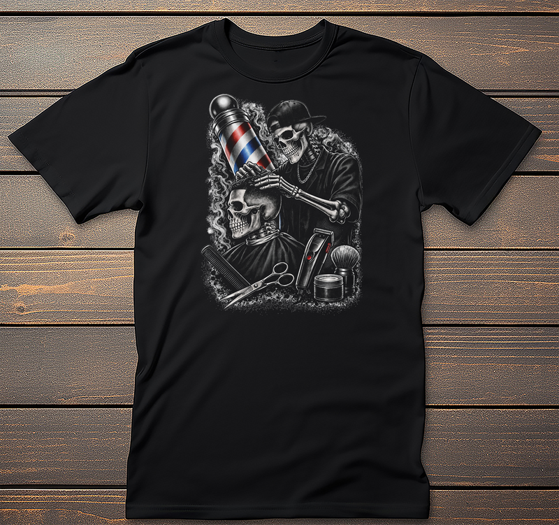 Barber Shop Graphic Tee mockup on black t-shirt