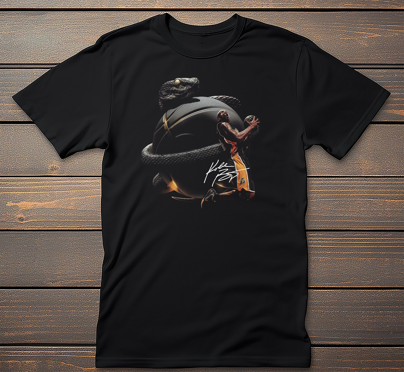 Black Mamba Graphic Tee mockup on black t-shirt