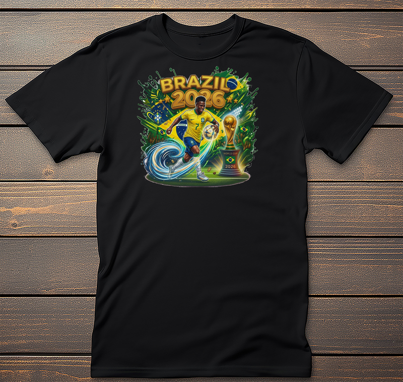 Brazil Soccer 2026 Graphic Tee mockup on black t-shirt