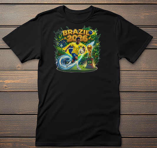 Brazil Soccer 2026 Graphic Tee mockup on black t-shirt
