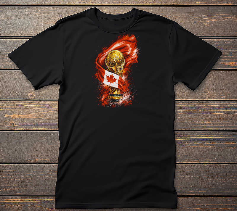 Canada Soccer Graphic Tee mockup on black t-shirt