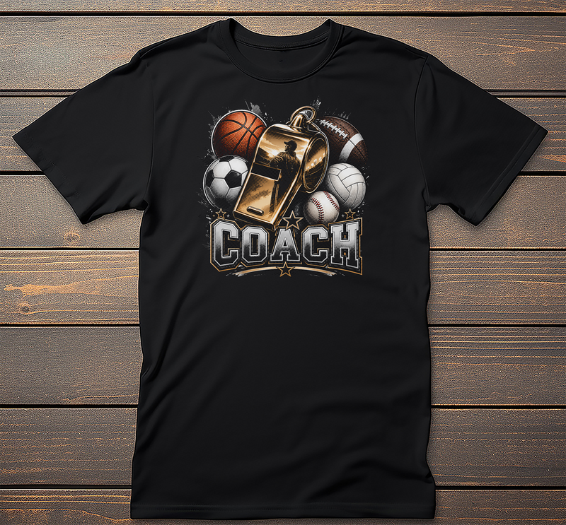 Coach Graphic Tee mockup on black t-shirt