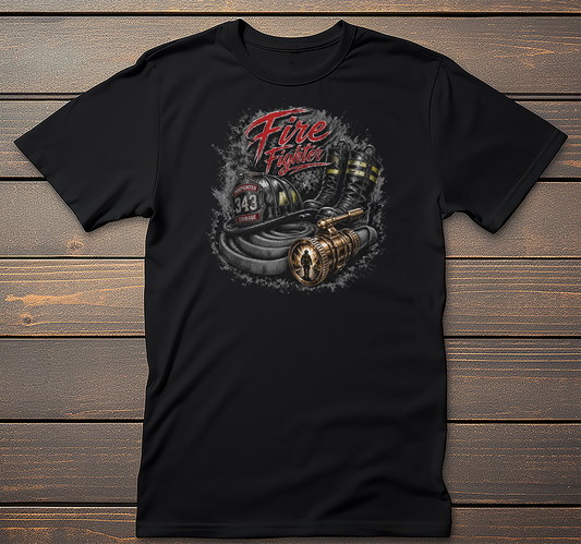 Fire Fighter Graphic Tee mockup on black t-shirt