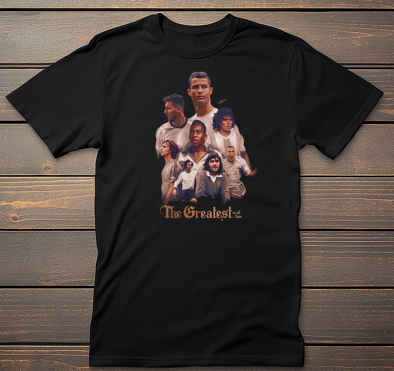 Greatest Soccer Players graphic tee on black t-shirt