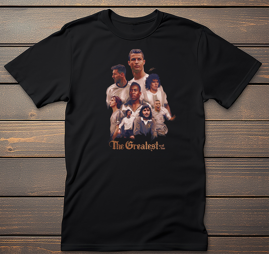Greatest Soccer Players graphic tee on black t-shirt