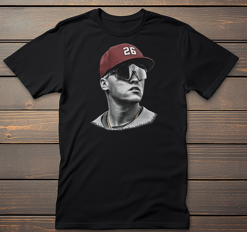 JJ Baseball Portrait graphic tee on black t-shirt