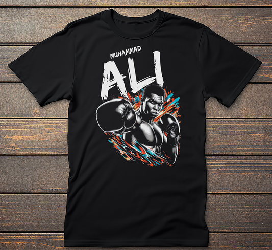 Muhammad Ali Boxing graphic tee on black t-shirt