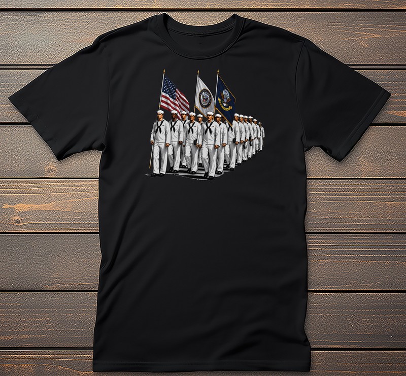 Navy Marching graphic tee on black t-shirt
