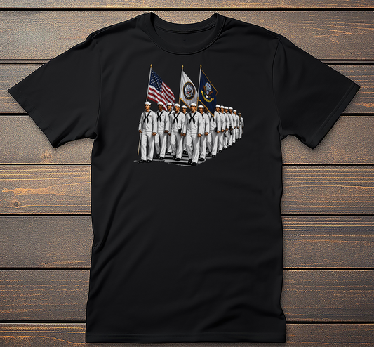 Navy Marching graphic tee on black t-shirt