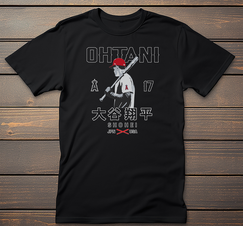 Ohtani Angels Graphic Tee mockup on black t-shirt