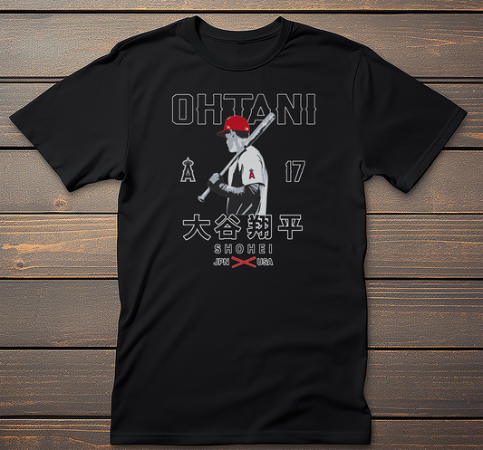 Ohtani Angels Graphic Tee mockup on black t-shirt