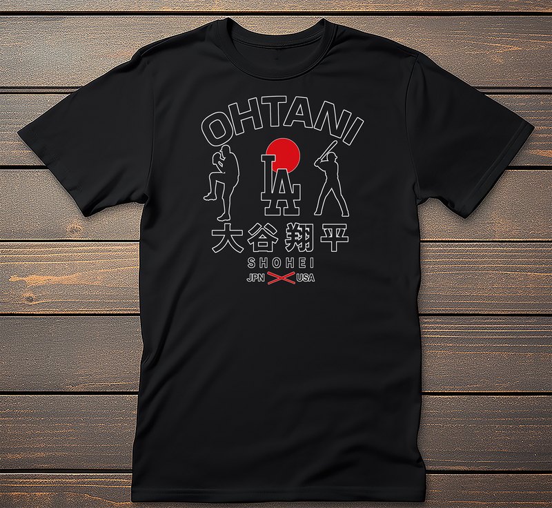 Ohtani Dodgers Graphic Tee mockup on black t-shirt
