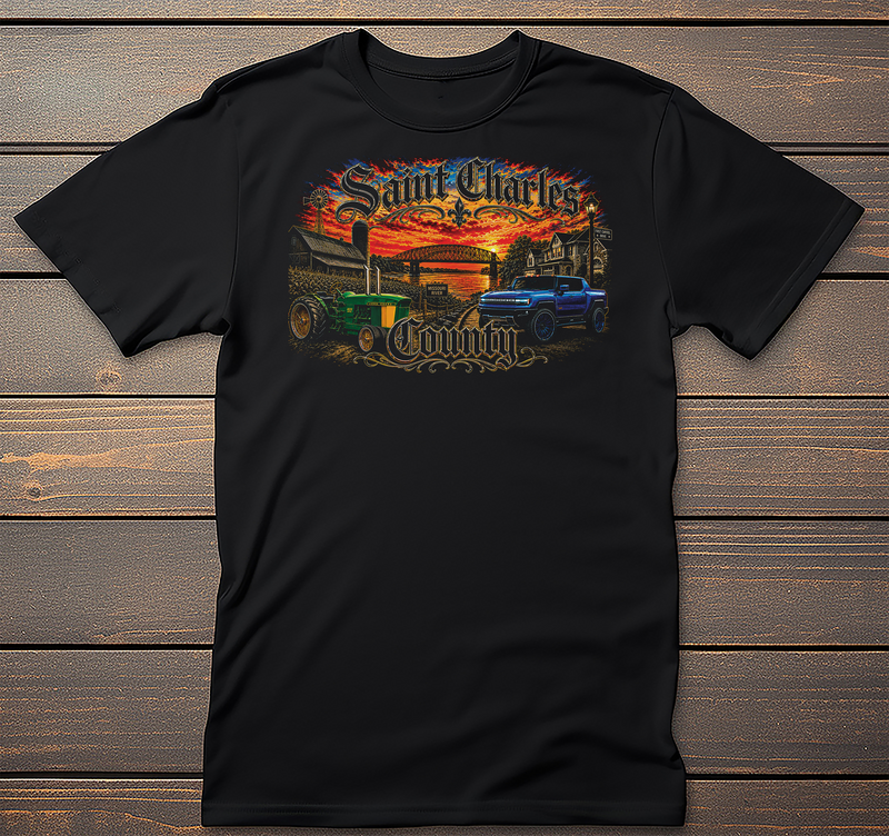 St Charles Tractor Mockup mockup on black t-shirt