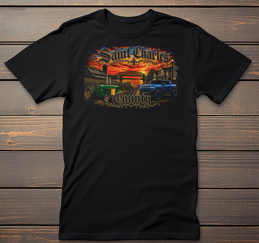 St Charles Tractor Mockup mockup on black t-shirt