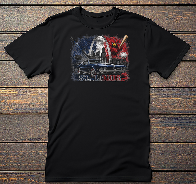 St Louis Car Mockup mockup on black t-shirt