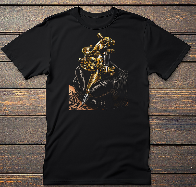 Tattoo Gun Graphic Tee mockup on black t-shirt