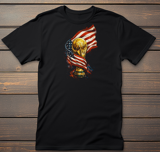 USA Soccer Trophy Graphic Tee mockup on black t-shirt
