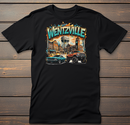 Wentzville Classic Cars Graphic Tee mockup on black t-shirt