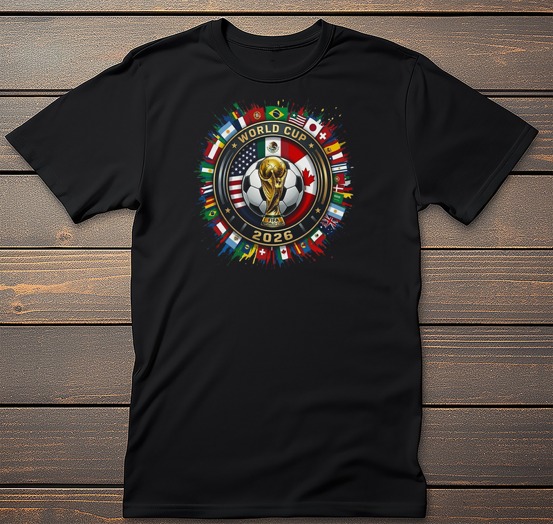 World Soccer Graphic Tee mockup on black t-shirt